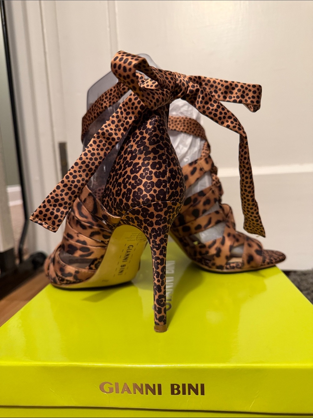Gianni Bini Leopard Print Lace-Up Stiletto Sandals in Brown and Black Abrianna 8 - Picture 4 of 5